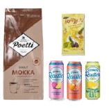 Кофе в зернах, пиво безалкогольное 3 банки и финиковые батончики